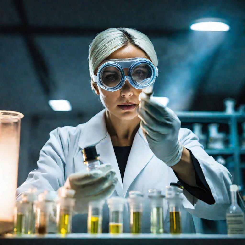 Женщина в лаборатории держит колбу с белым порошком