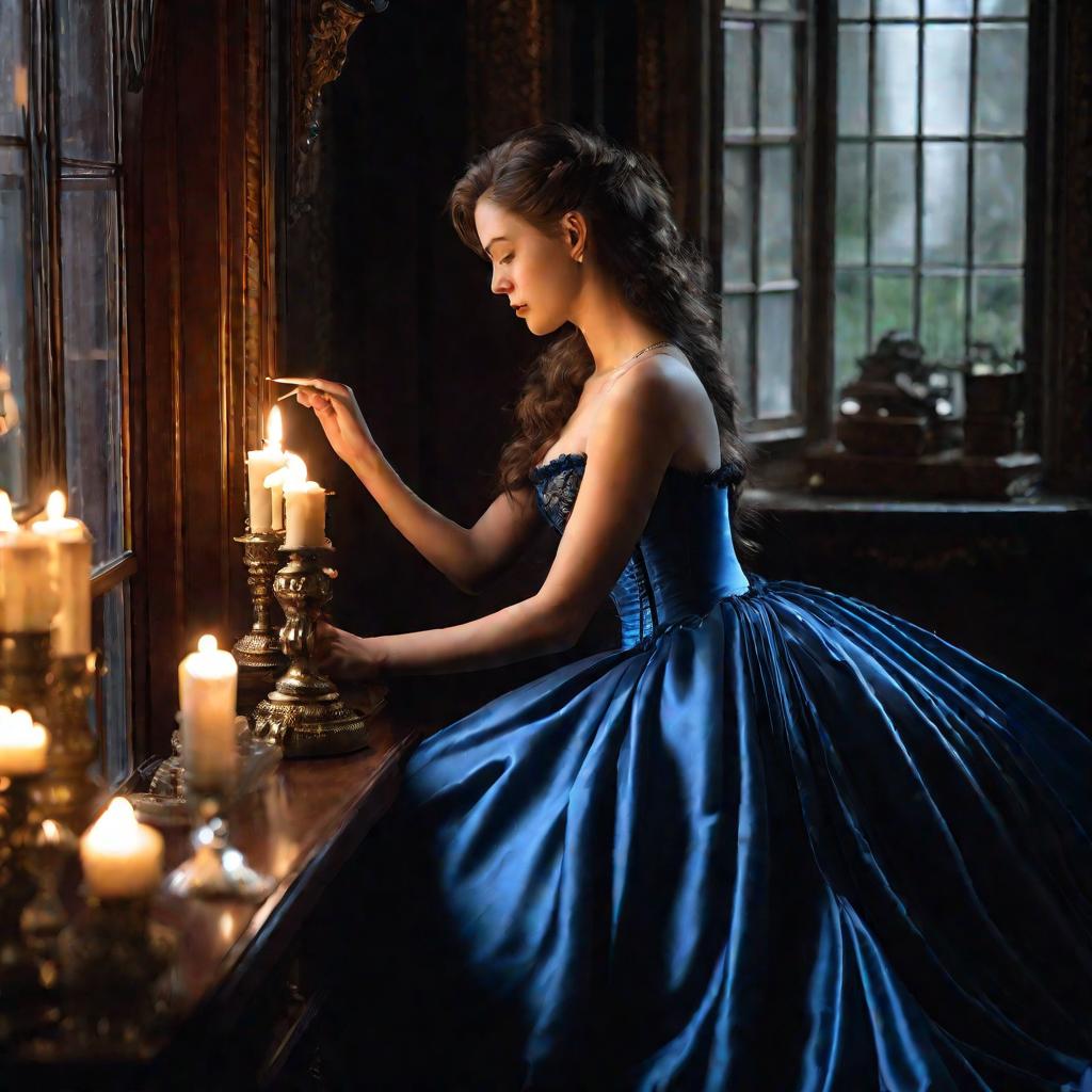 Девушка викторианской эпохи за причесыванием в синем платье с корсетом.