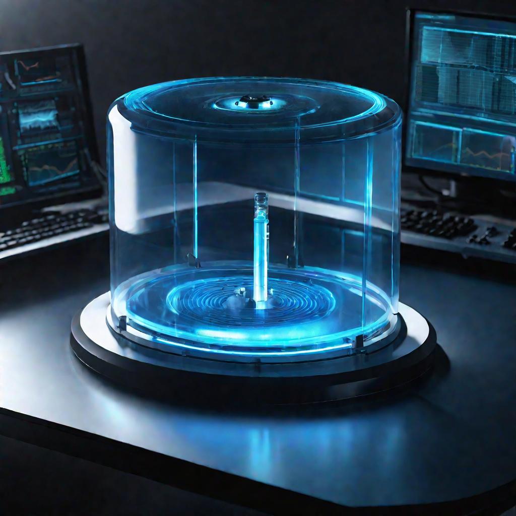 Сверху виден светящийся стеклянный цилиндр с голубой радиоактивной жидкостью на футуристическом лабораторном столе.
