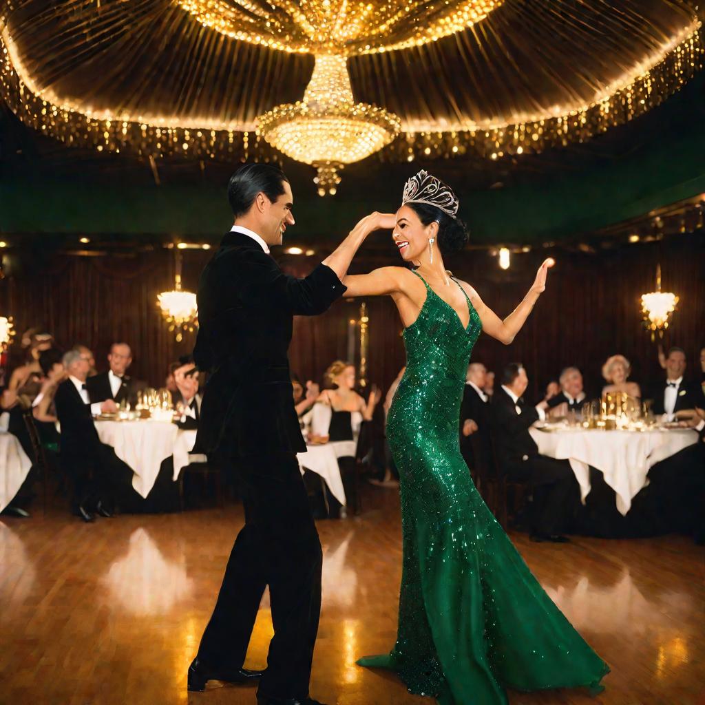 Пара медленно танцует в освещенном зале