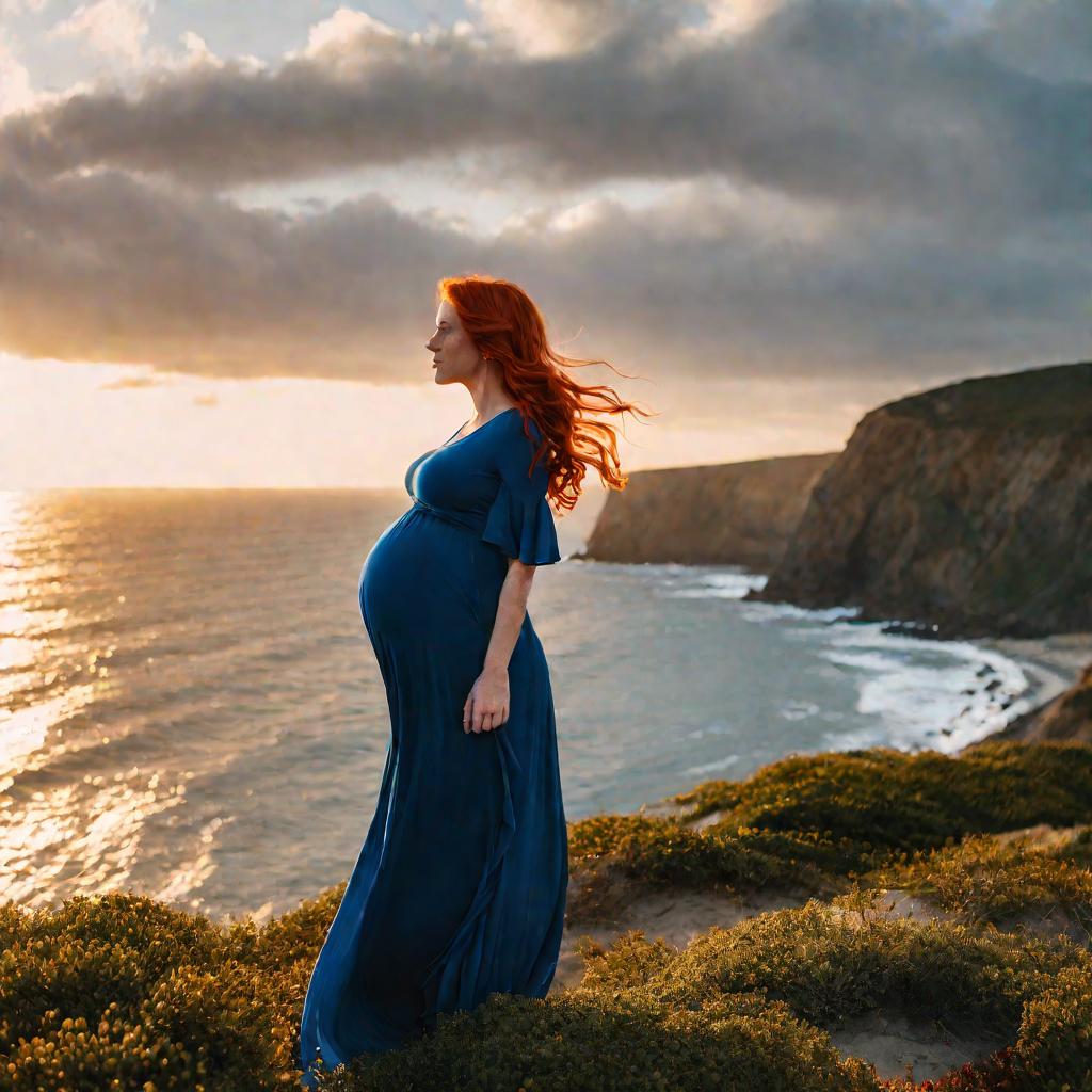 Беременная женщина любуется закатом на морском побережье