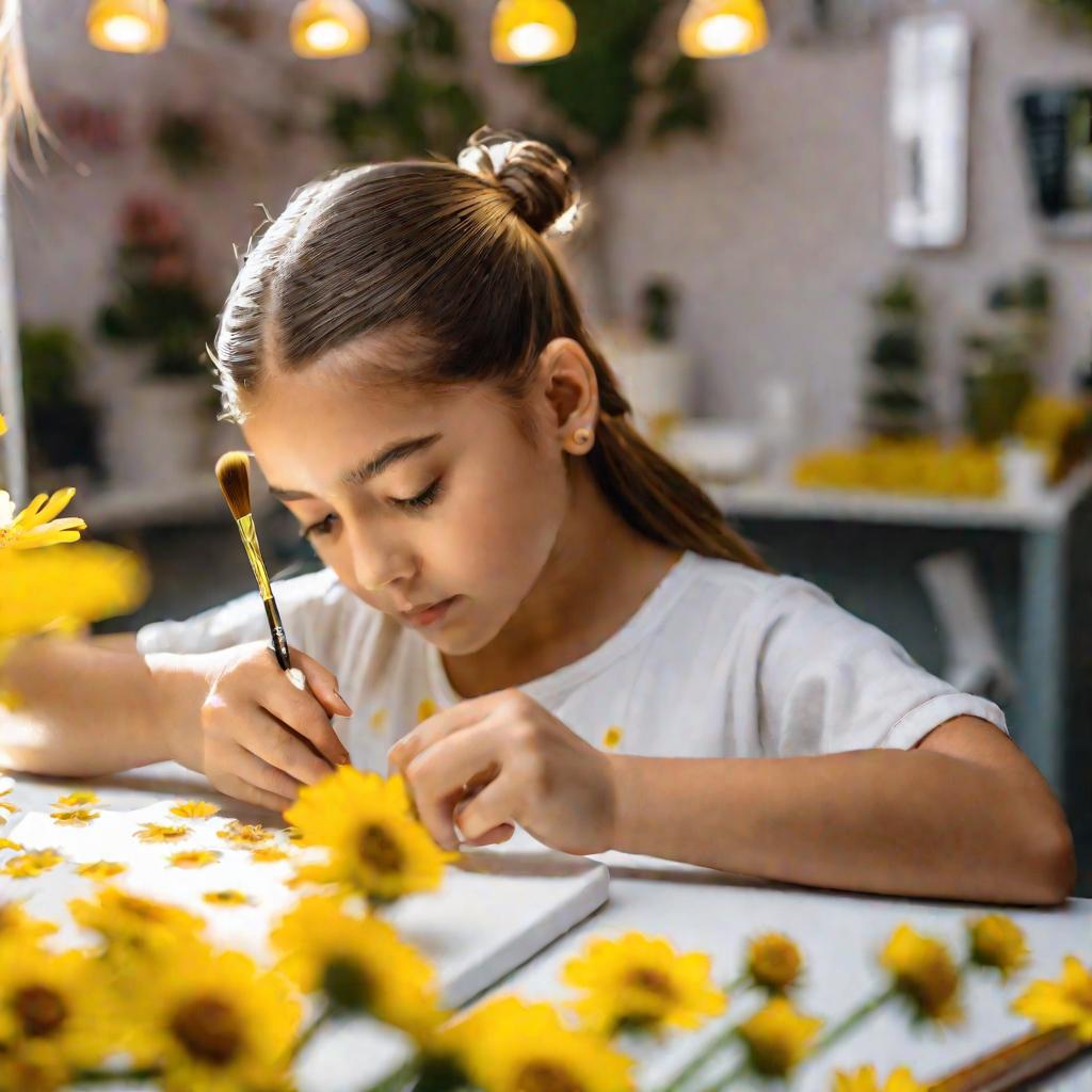 Портрет девочки вблизи. Она сосредоточенно рисует желтые маргаритки на большом ногте левой руки в салоне красоты