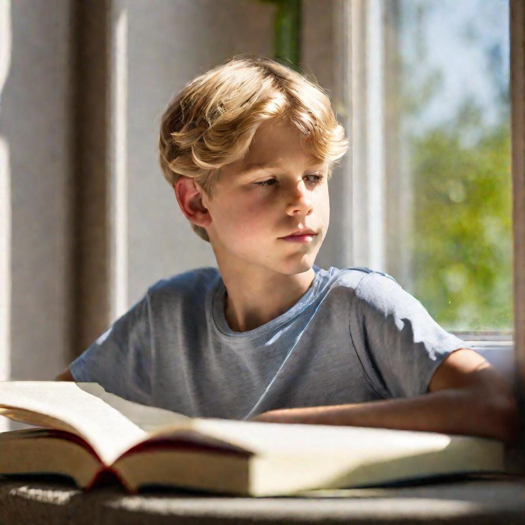 Заинтересованный мальчик рассматривает новую увлекательную книгу, подаренную ему на день рождения