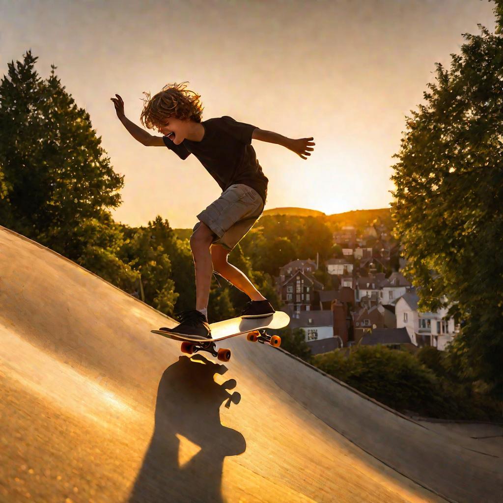 Подросток катается на скейтборде на закате летним вечером
