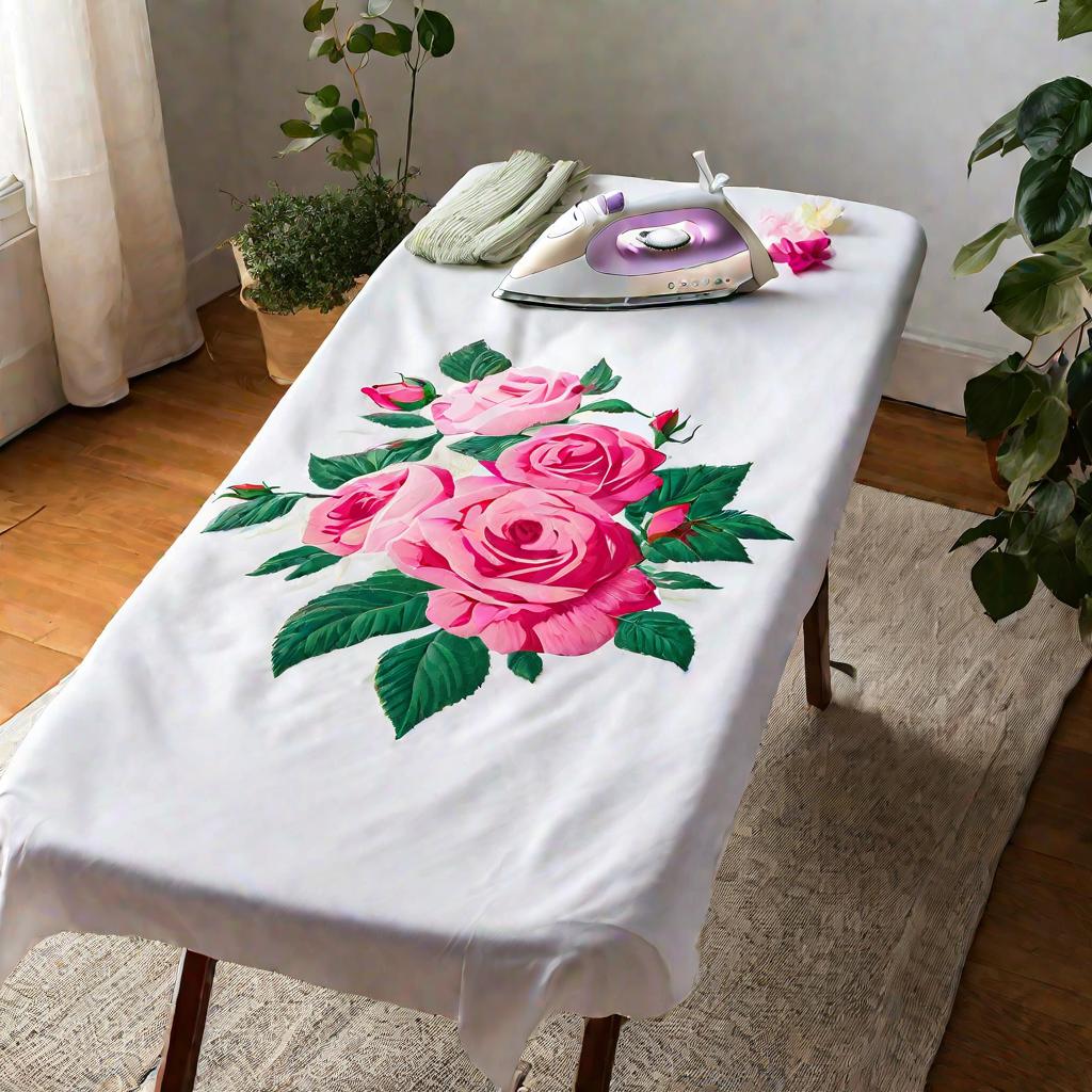 Вид сверху на гладильную доску с цветочным чехлом и простыней