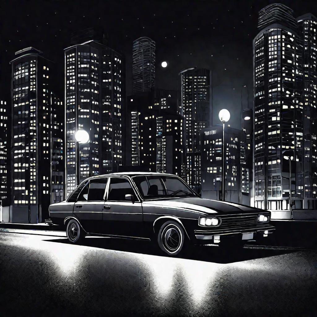 Одинокая машина ночью у высотки