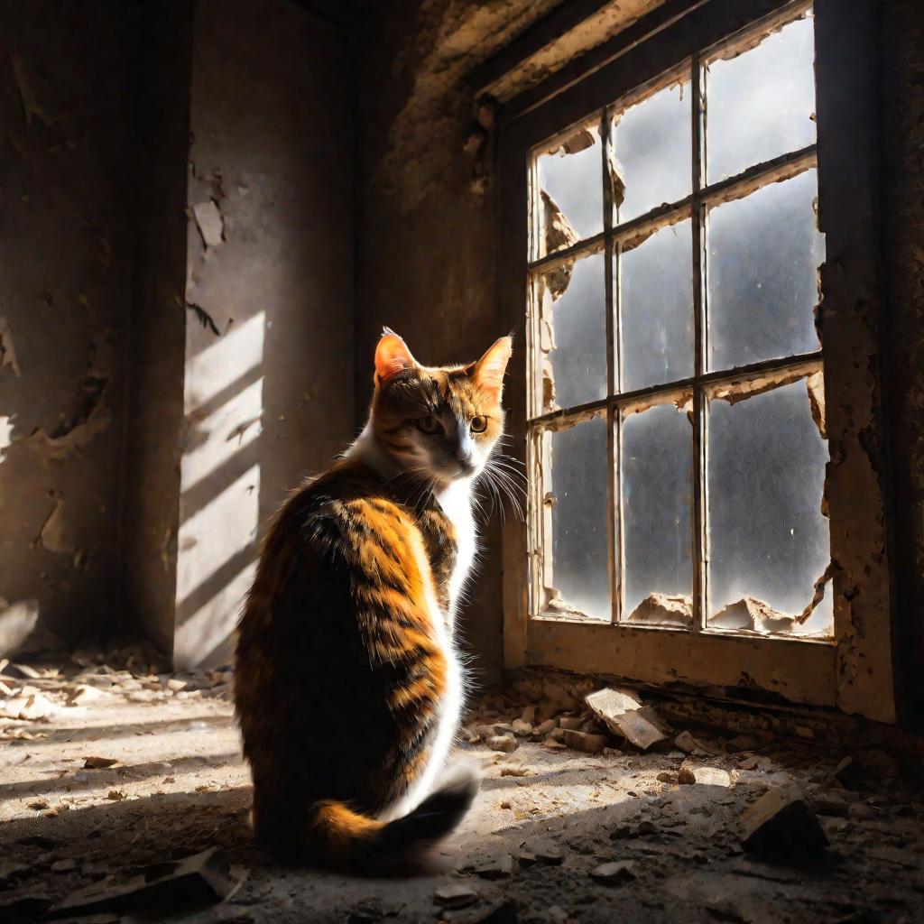 Трехцветный кот смотрит в разбитое окно