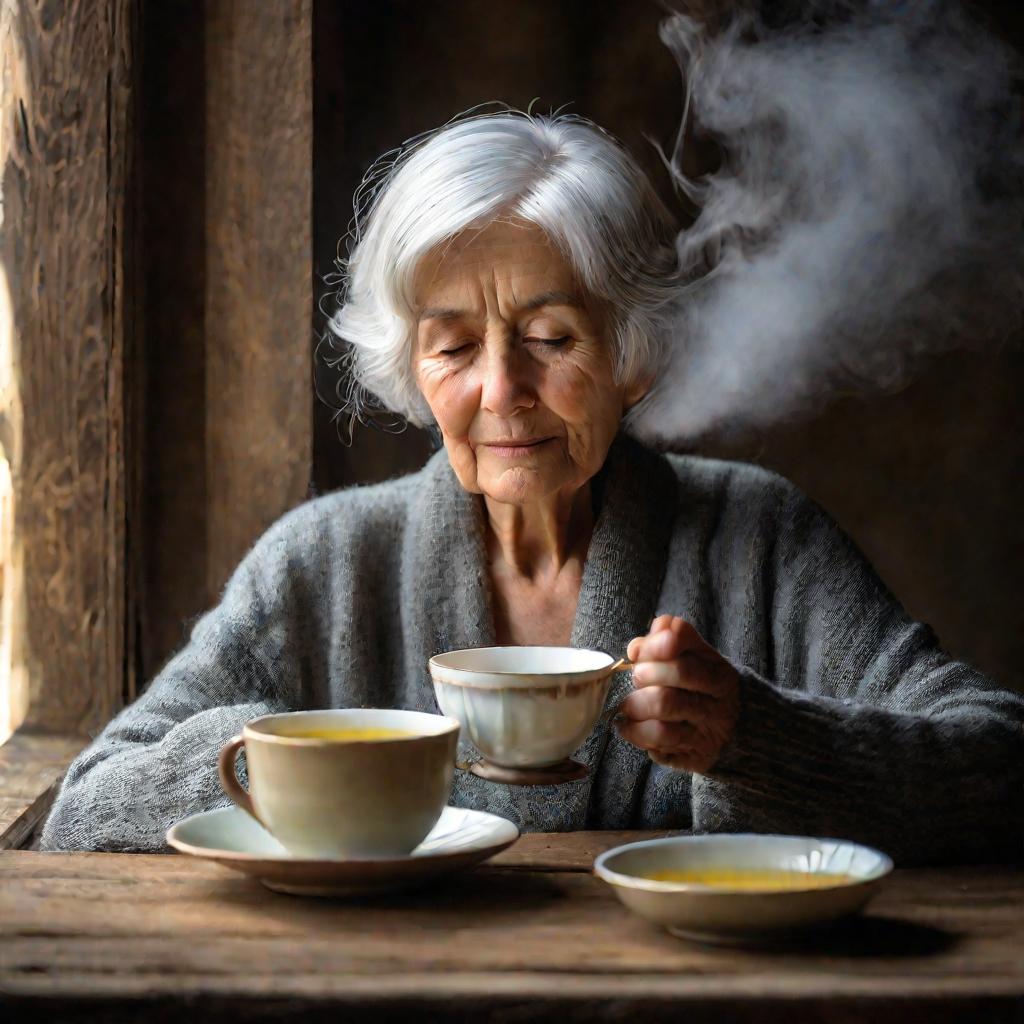 Пожилая женщина пьет ромашковый чай