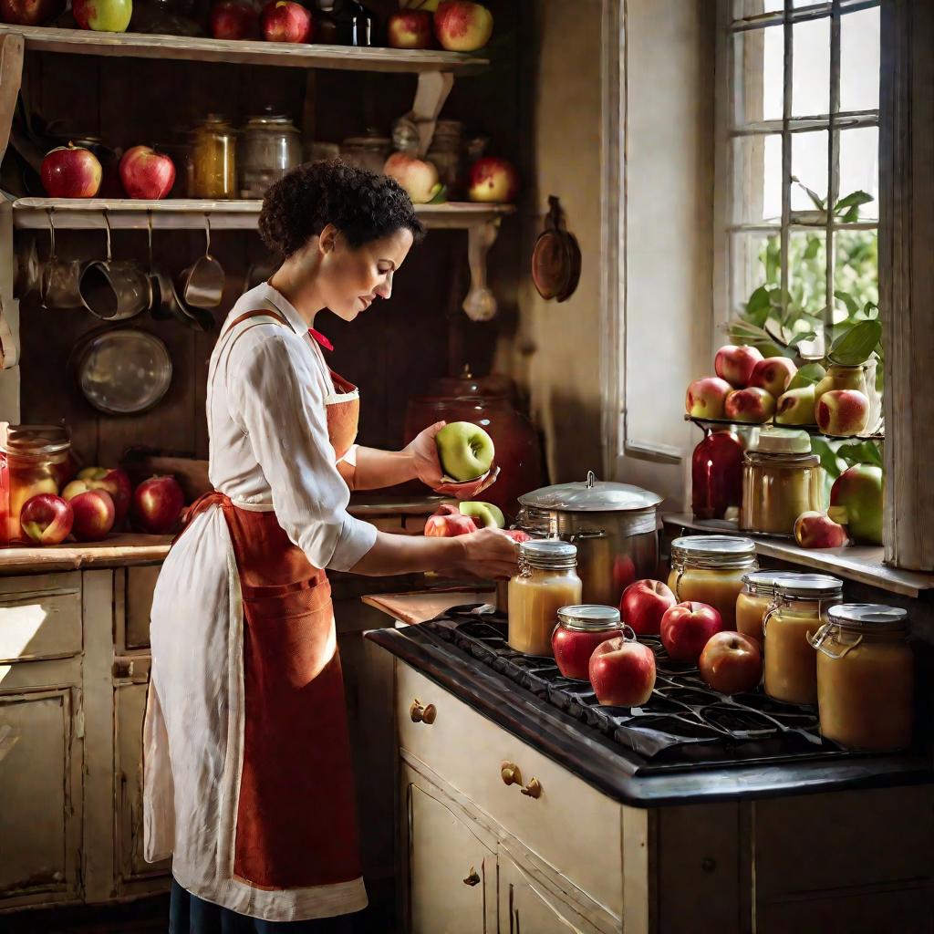 Женщина в фартуке достает из кастрюли на плите банки с яблочным компотом на кухне