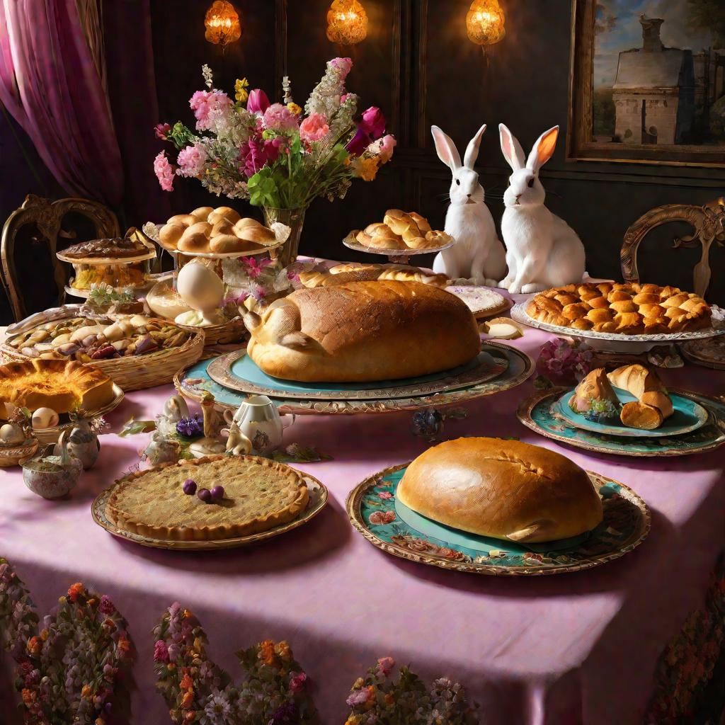Праздничный стол с едой и зайцами