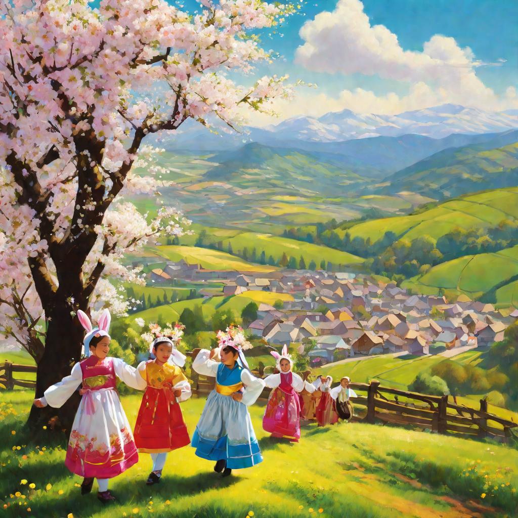 Дети танцуют на фоне цветущих деревьев