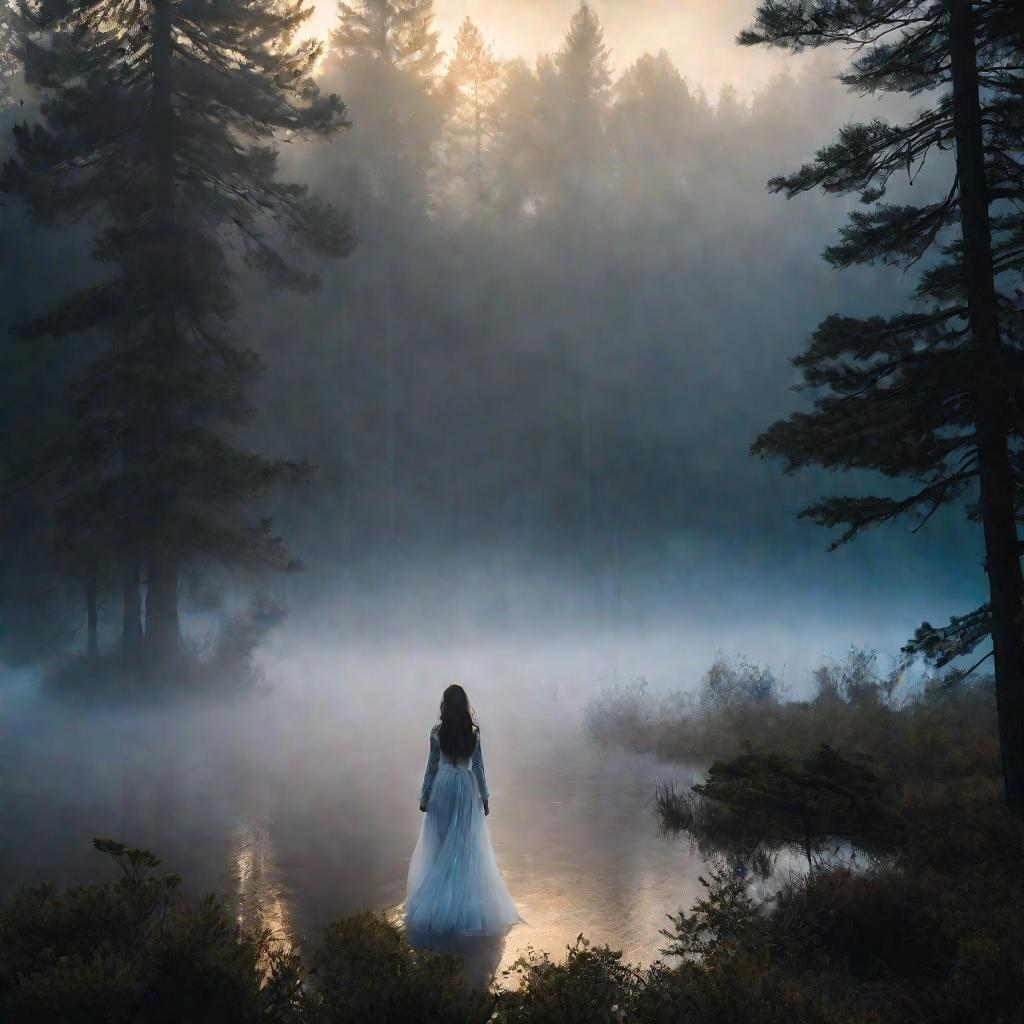 Девушка в тумане на озере на рассвете