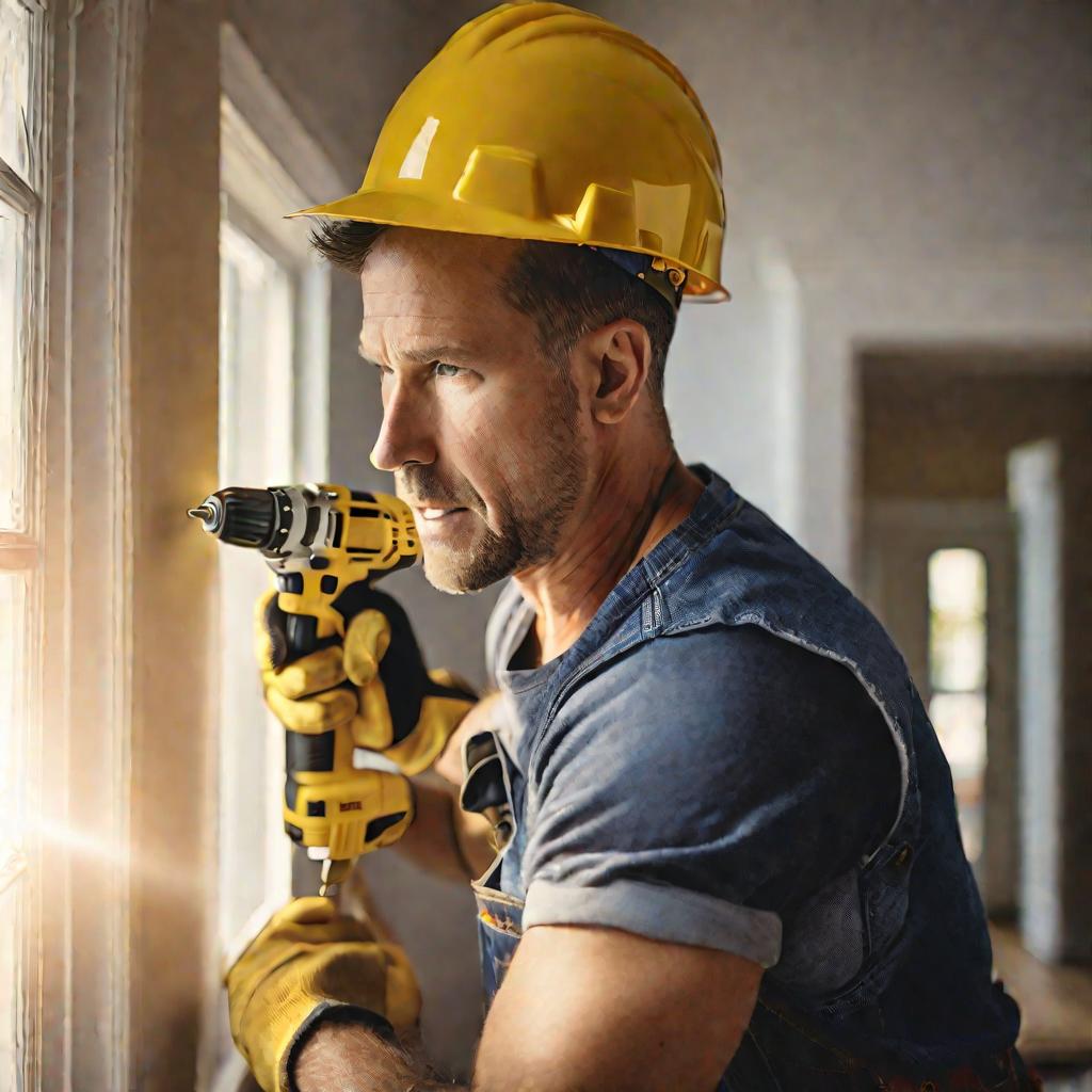 Портретный кадр крупным планом работника, устанавливающего шуруп в стену во время ремонта дома