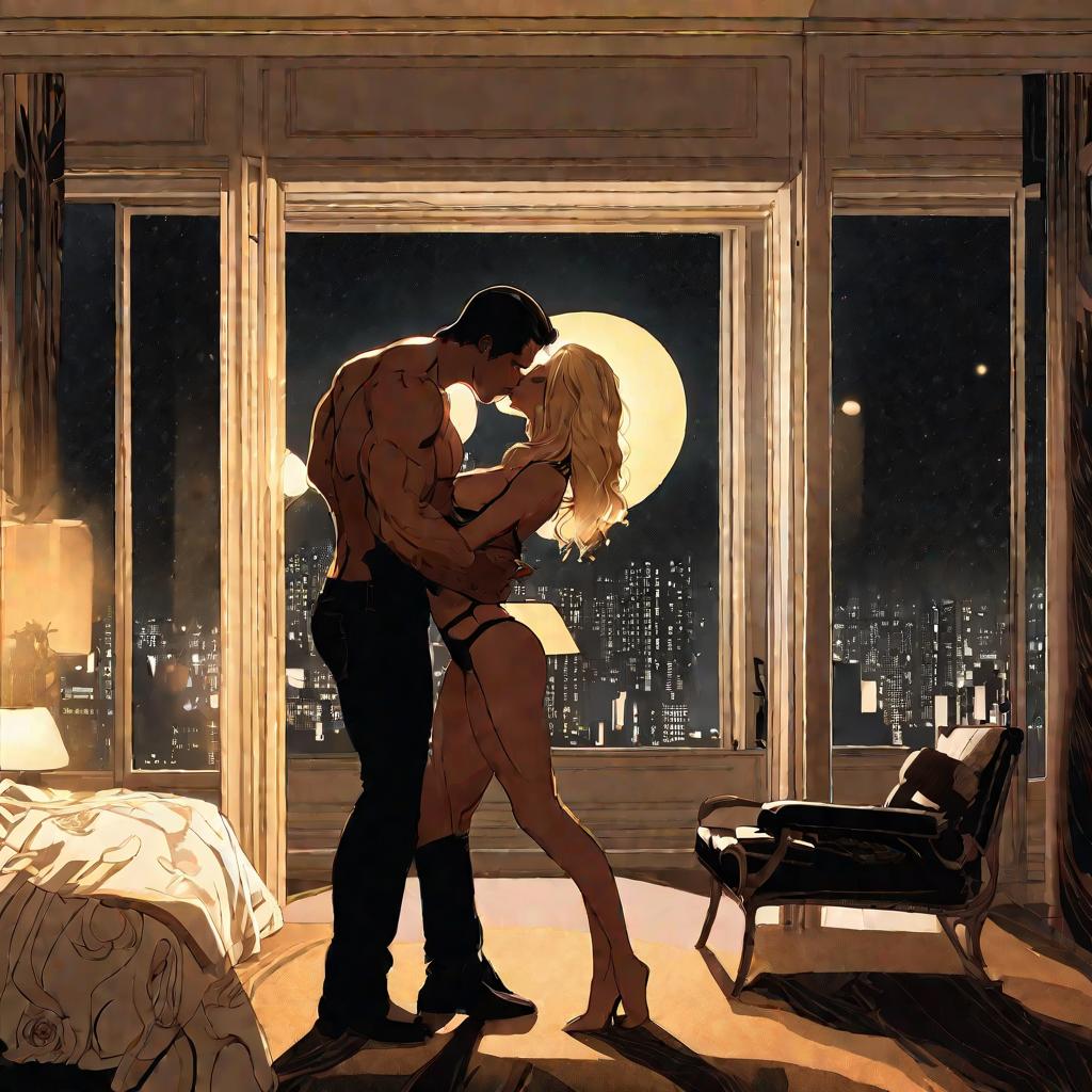 Целующаяся пара в гостиной ночью