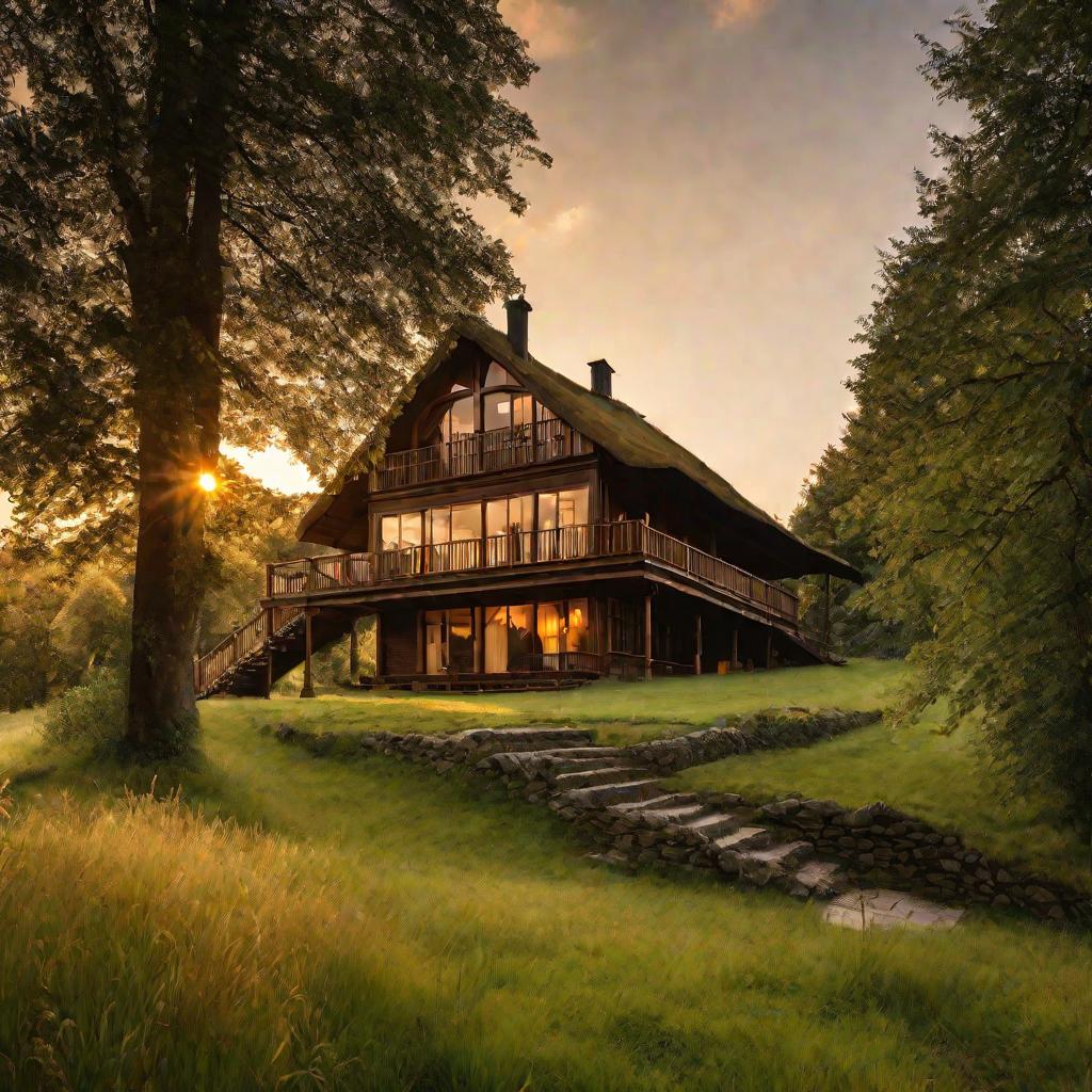 Закат над лесом и поляной с деревянным домом, верандой, каменным патио и деревянной лестницей.