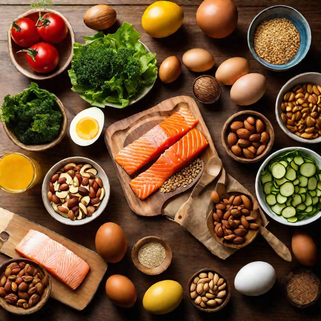 Здоровая еда на столе - лосось, овощи, яйца