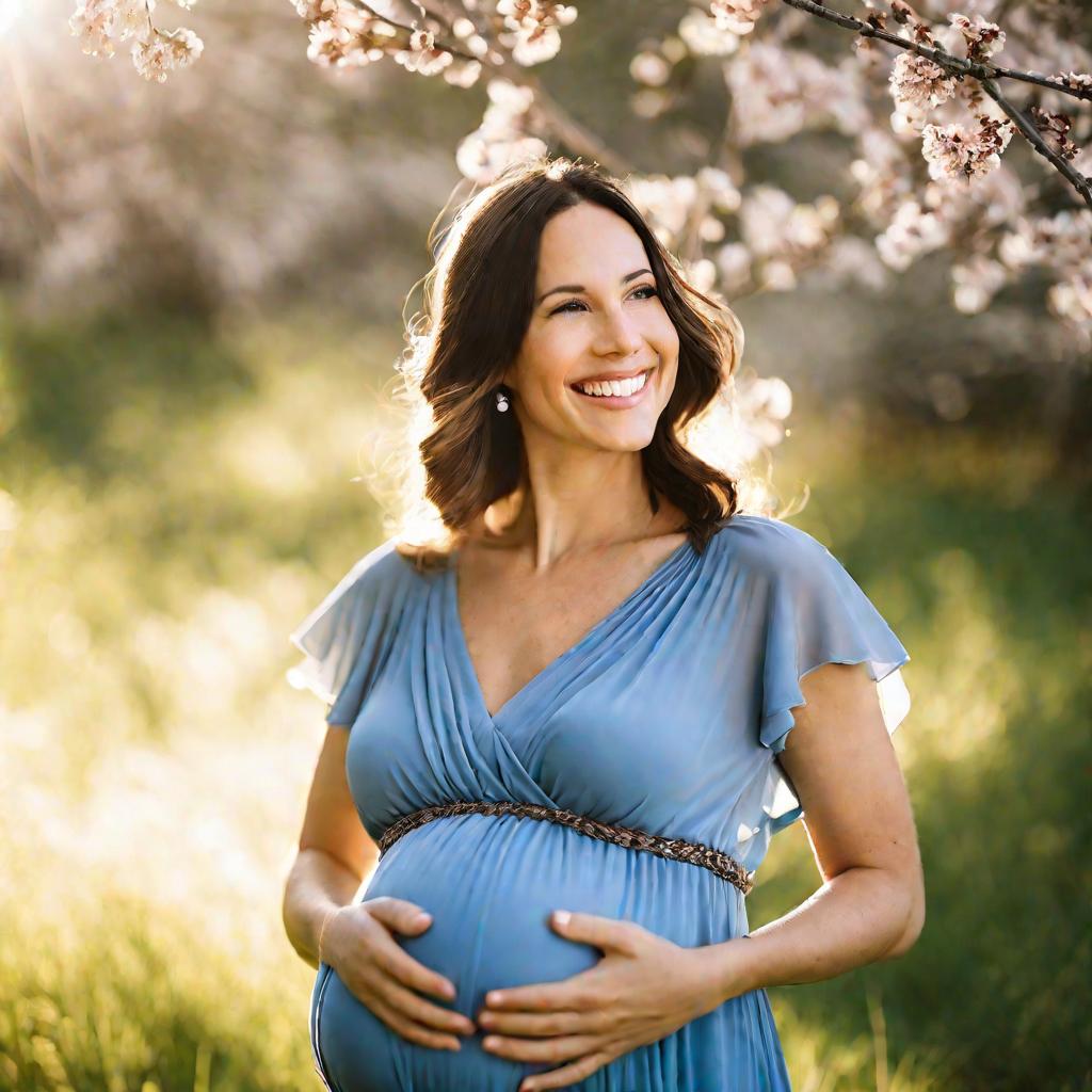 Беременная женщина улыбается на солнце.