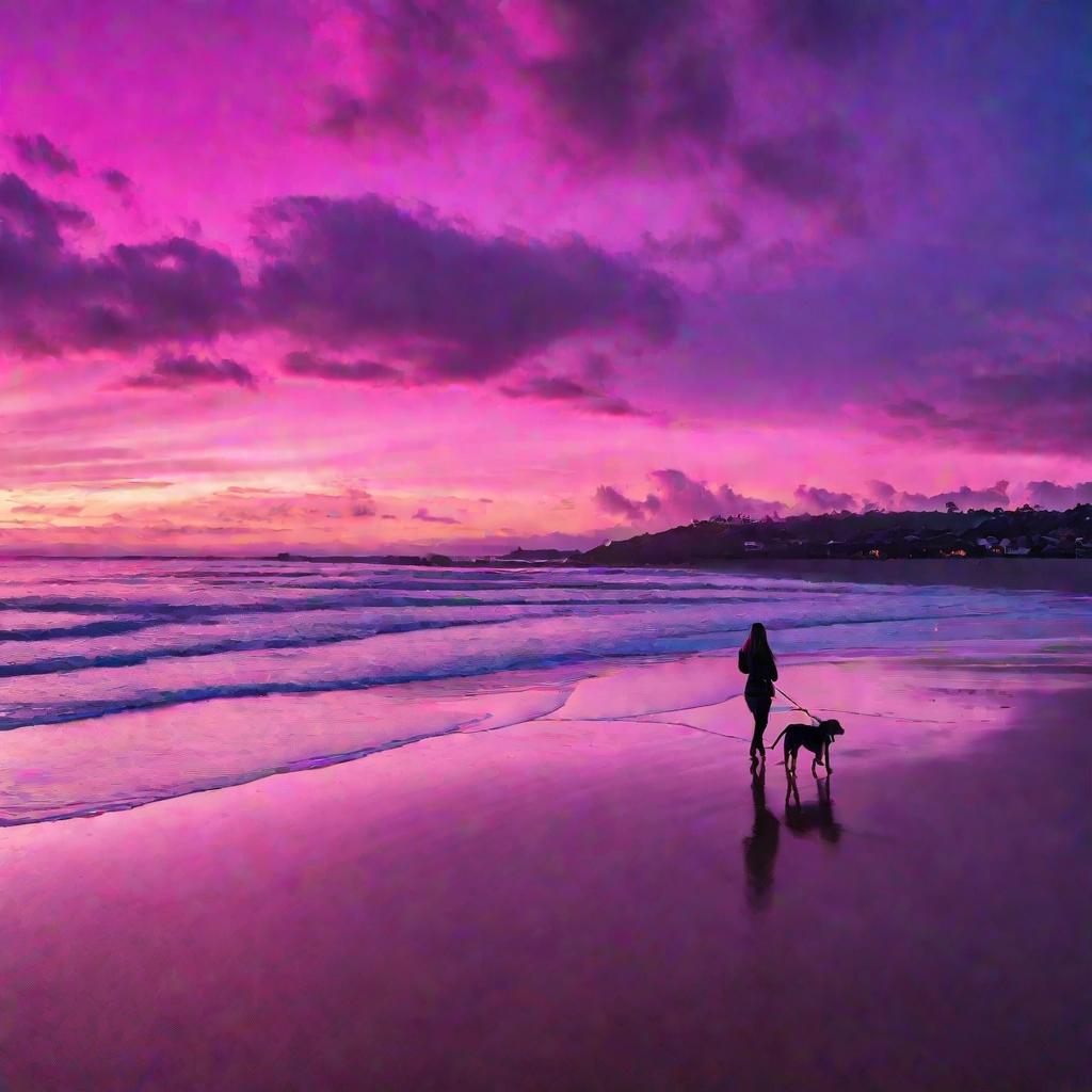Пейзаж: женщина гуляет с собакой на пляже на закате