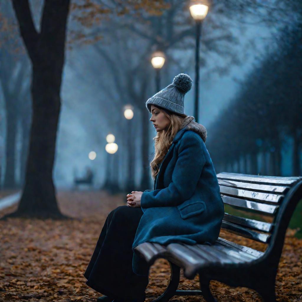 Крупный портрет грустной женщины, сидящей в одиночестве на скамейке в туманном парке в холодный осенний вечер. На ней толстое пальто и шерстяная шапка. Ее плечи опущены, она смотрит вниз с мрачным выражением лица, погруженная в угрюмые думы. Холодное сине