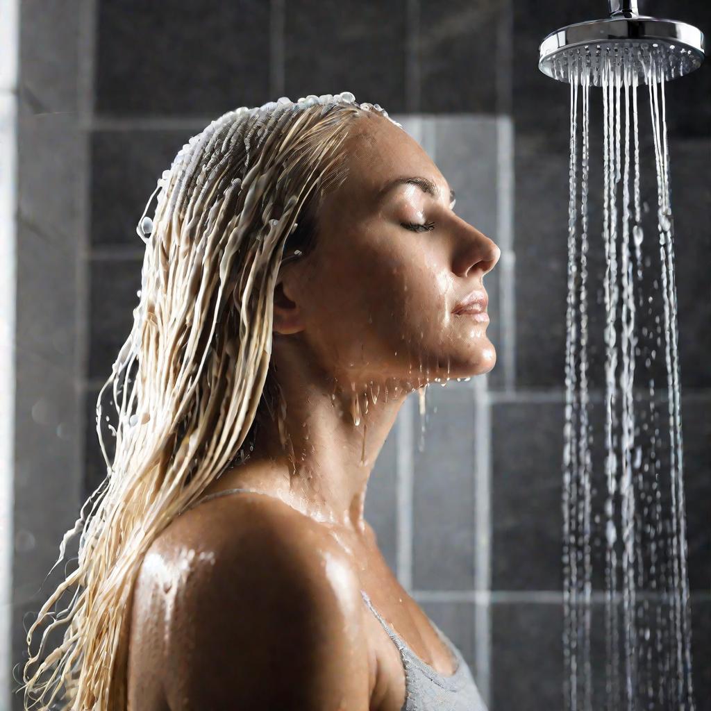 Женщина моет голову в ванне с шампунем