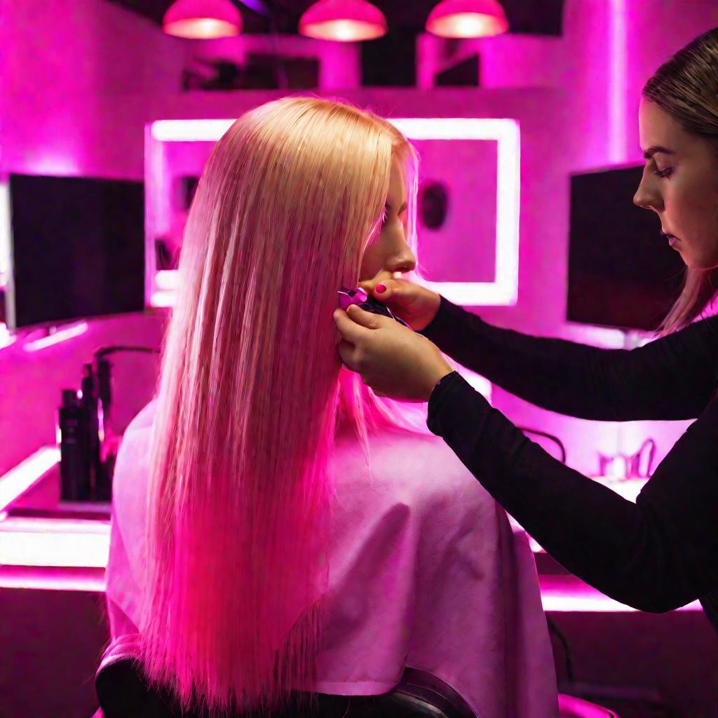 Девушка в салоне красоты красит волосы в яркий розовый цвет
