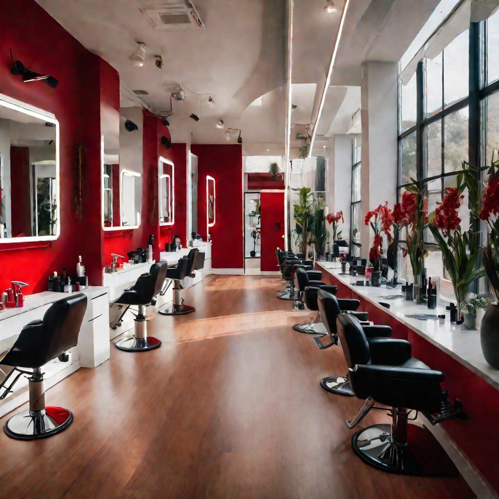 Интерьер салон красоты с клиентами, красящими волосы в красный
