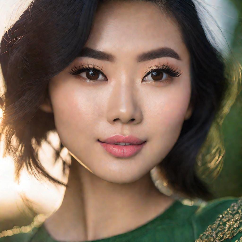 Портрет азиатки с ярким макияжем зеленых глаз