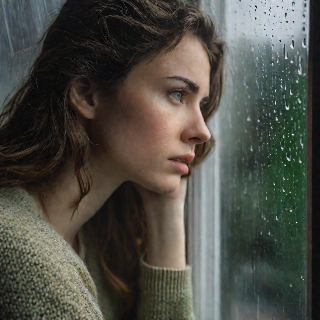 Девушка смотрит в окно в дождь