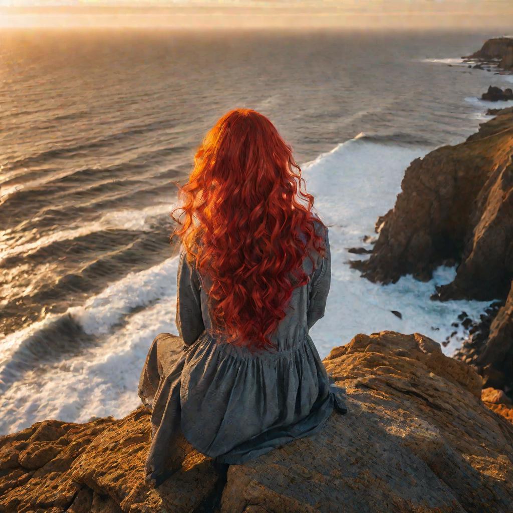 Девушка с красными волосами на океанском побережье