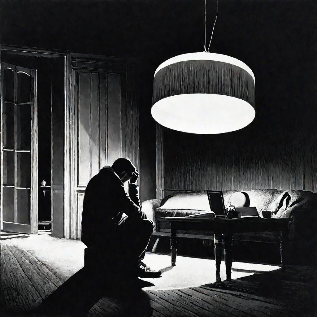 Драматичная постановочная сцена одинокого мужчины ночью, освещенного настольной лампой