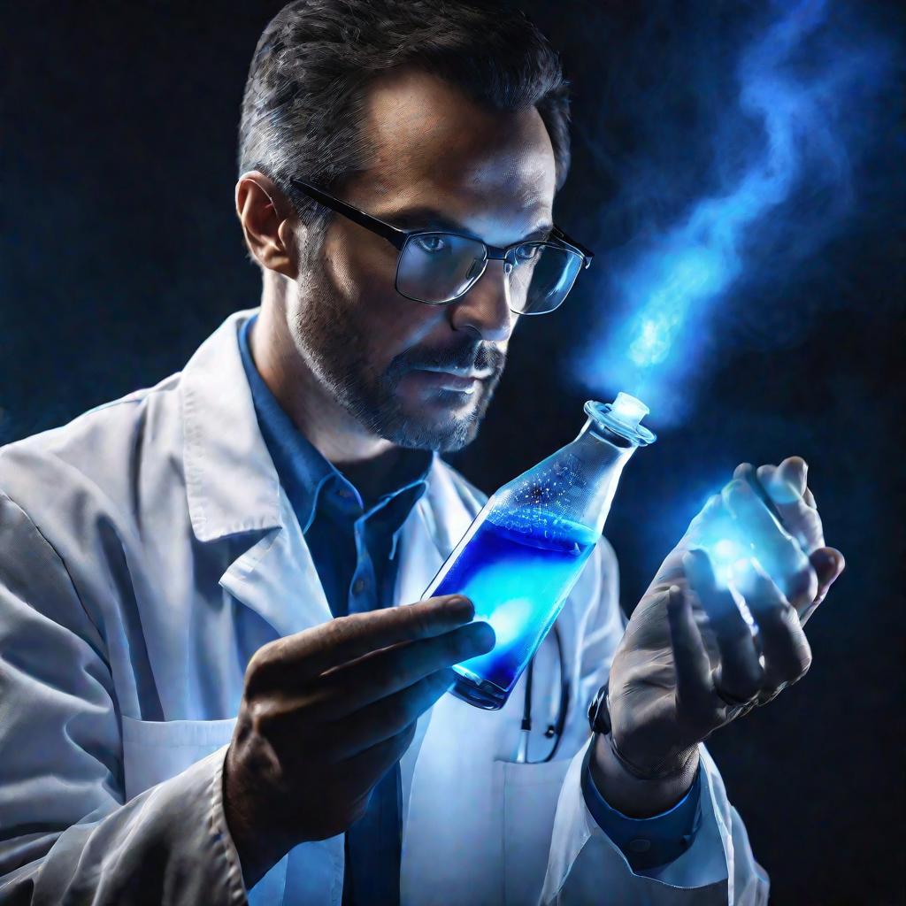 Портрет ученого с пробиркой светящейся ДНК