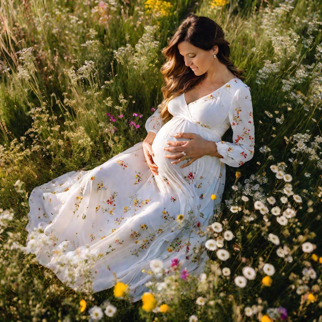 Беременная женщина сидит на лугу