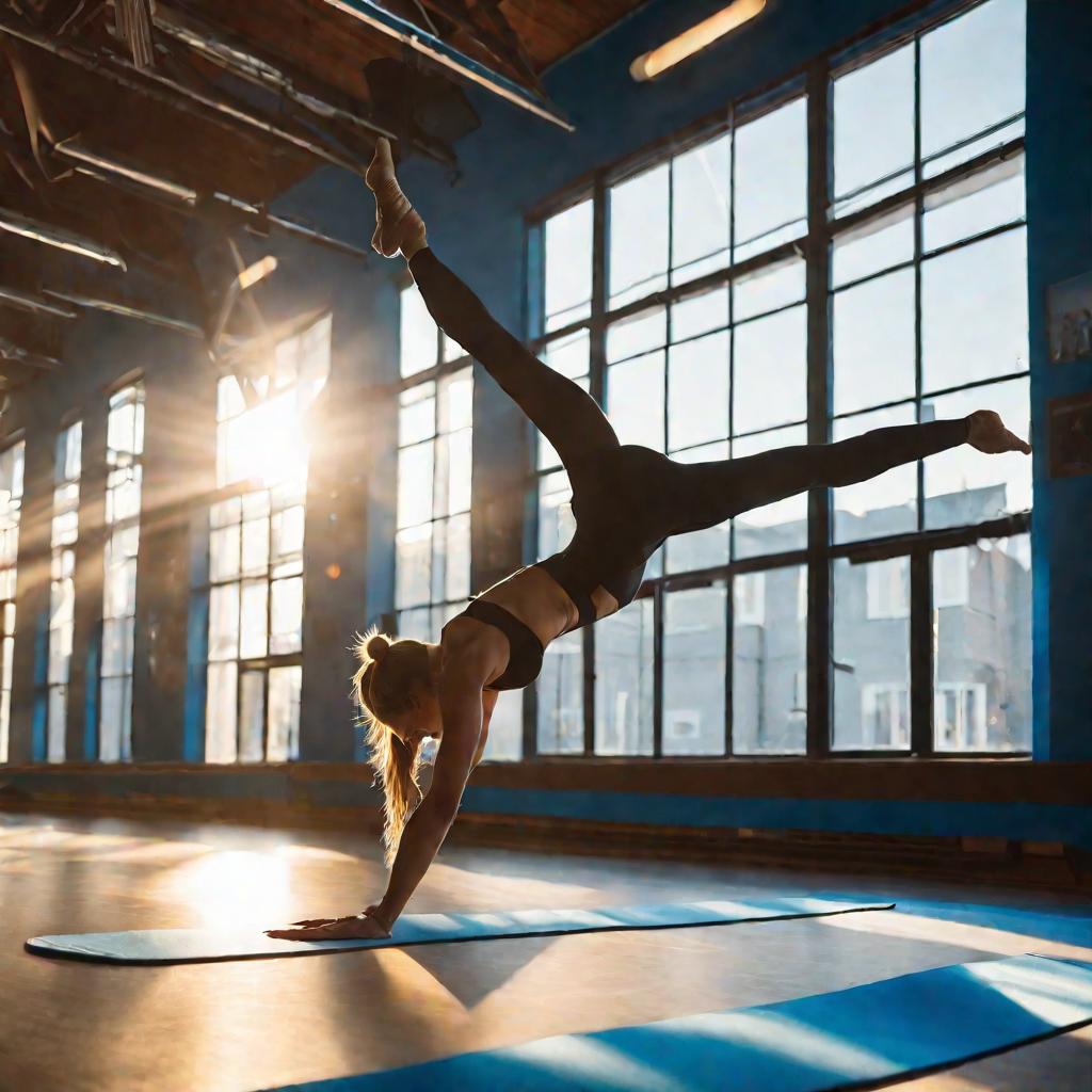 Женщина делает мостик и провисной шпагат на гимнастическом коврике в танцзале
