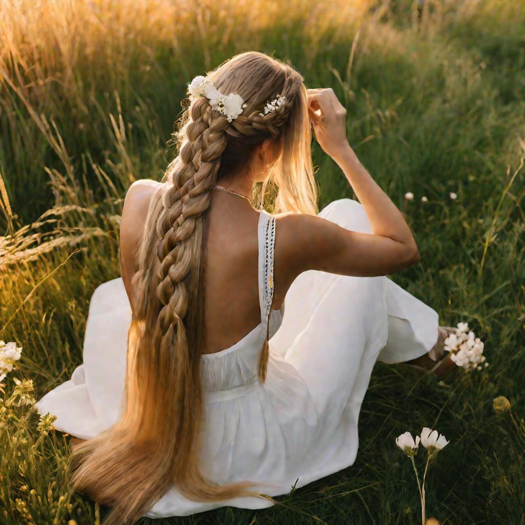 Девушка плетет французскую косу на закате