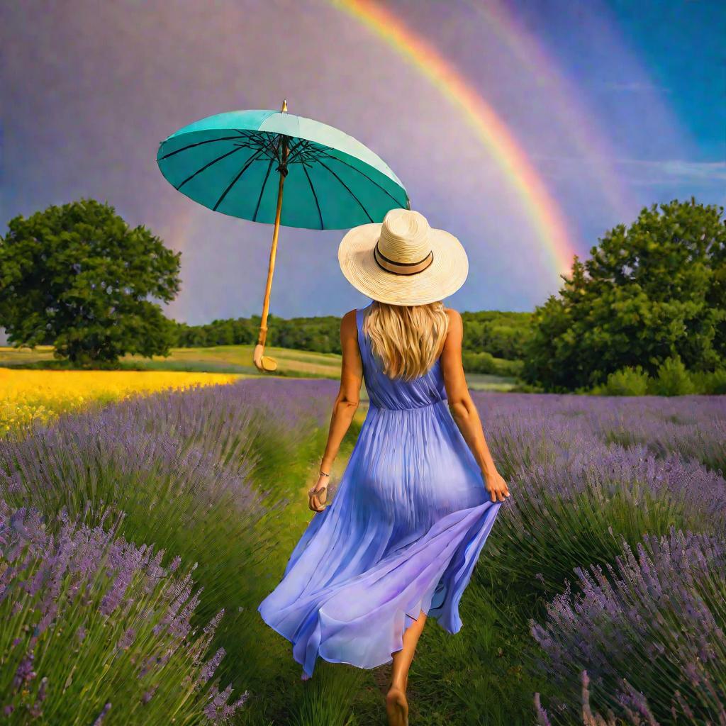 Блондинка в голубом платье гуляет по лугу с букетом летних цветов в руке