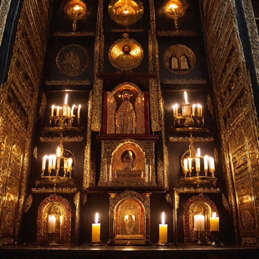 Позолоченный православный иконостас с горящими перед ним свечами