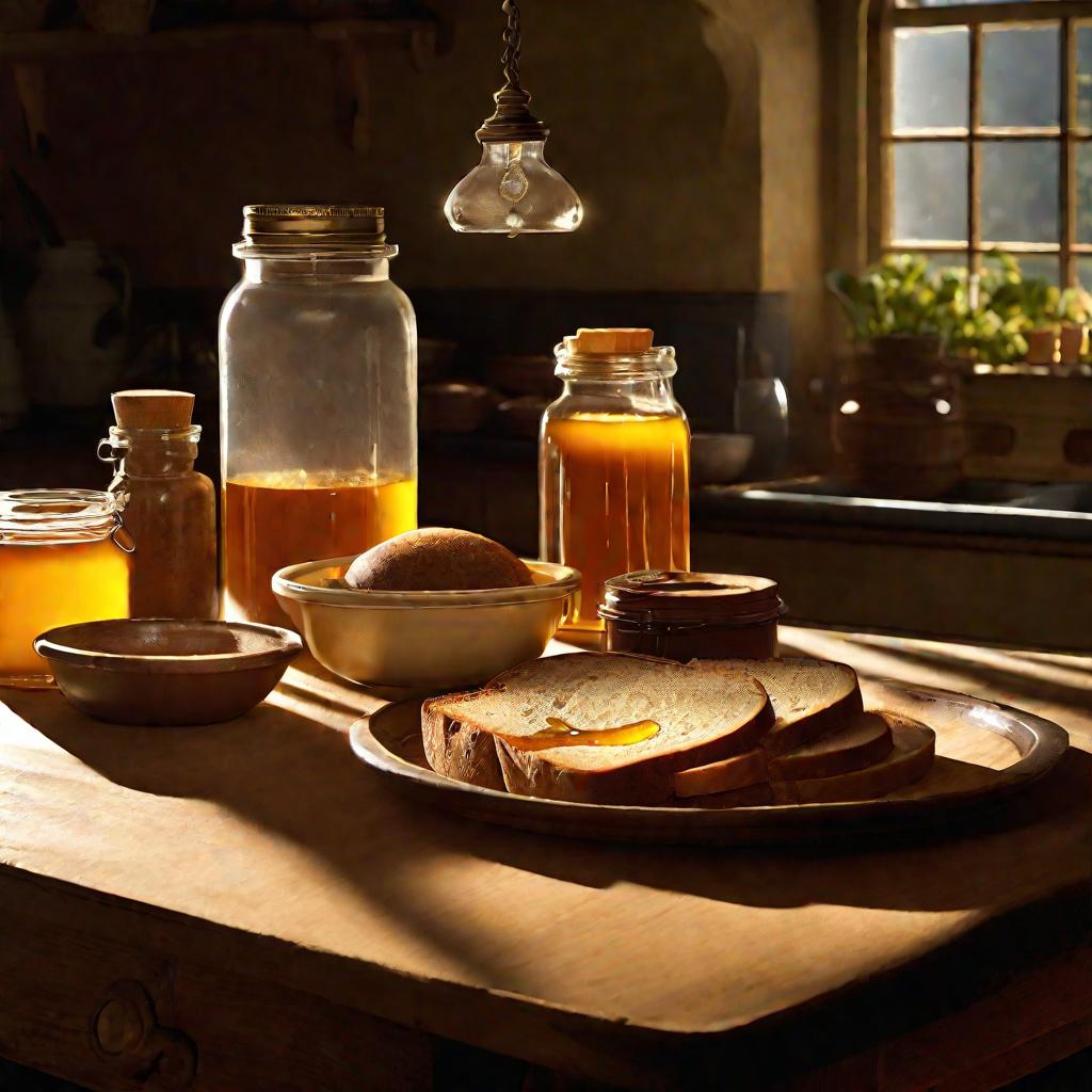 Тепло освещенная кухня с муравьями, поедающими мед