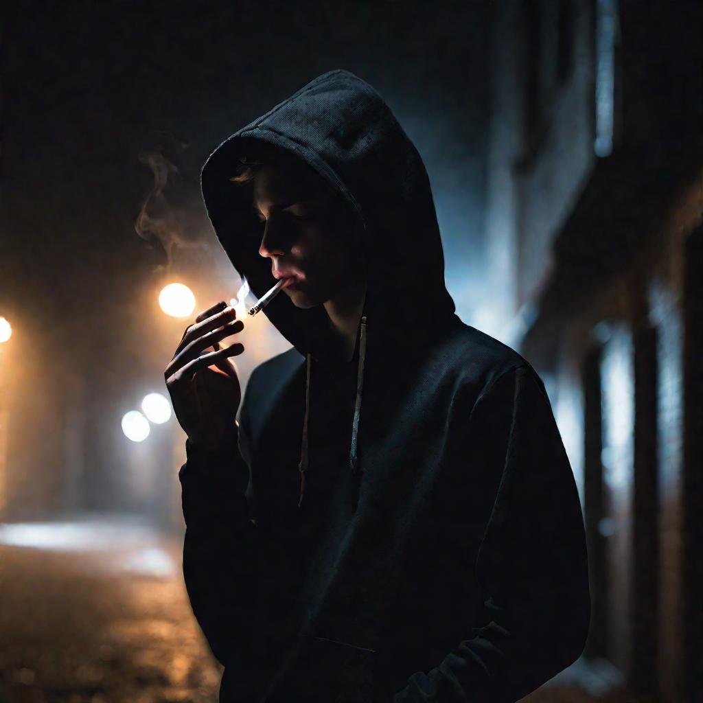 Подросток курит в темном переулке