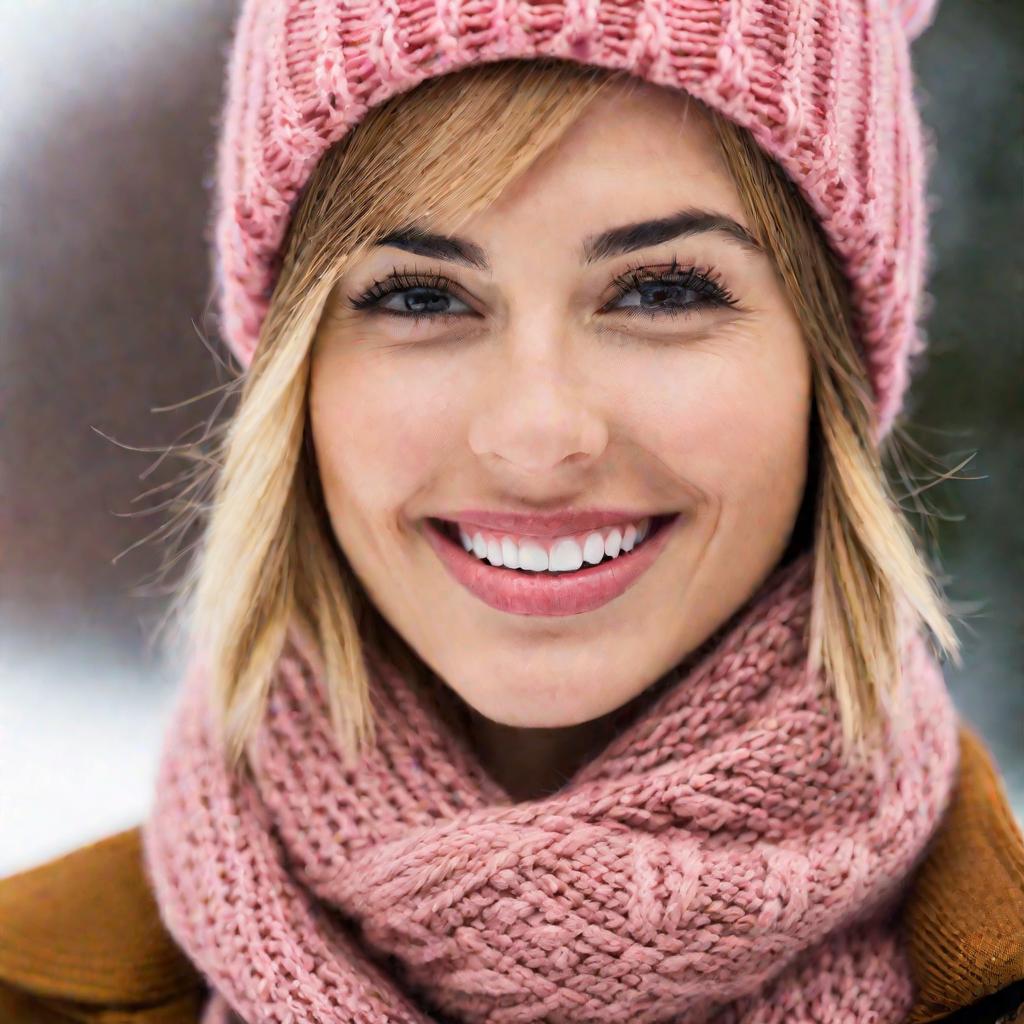 Портрет улыбающейся женщины в теплой шапке и шарфе.