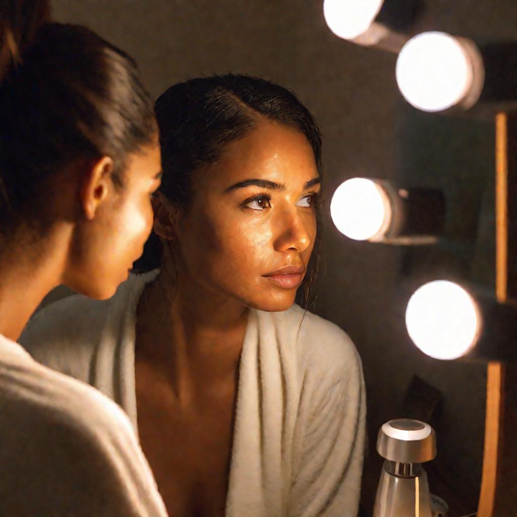 Женщина с загорелой кожей и веснушками рассматривает свое отражение в зеркале, обеспокоенная гиперпигментацией на щеках.