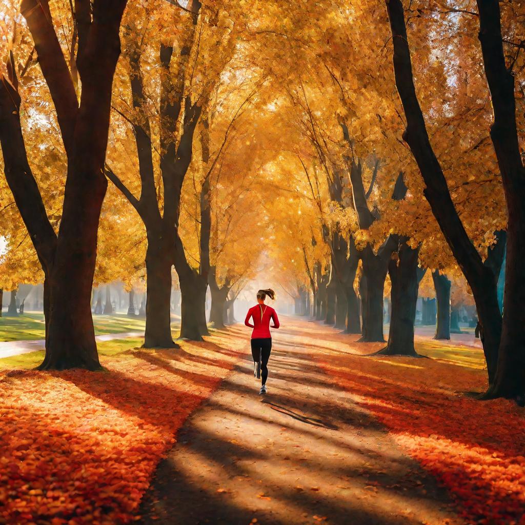 Девушка бегает по парку осенью