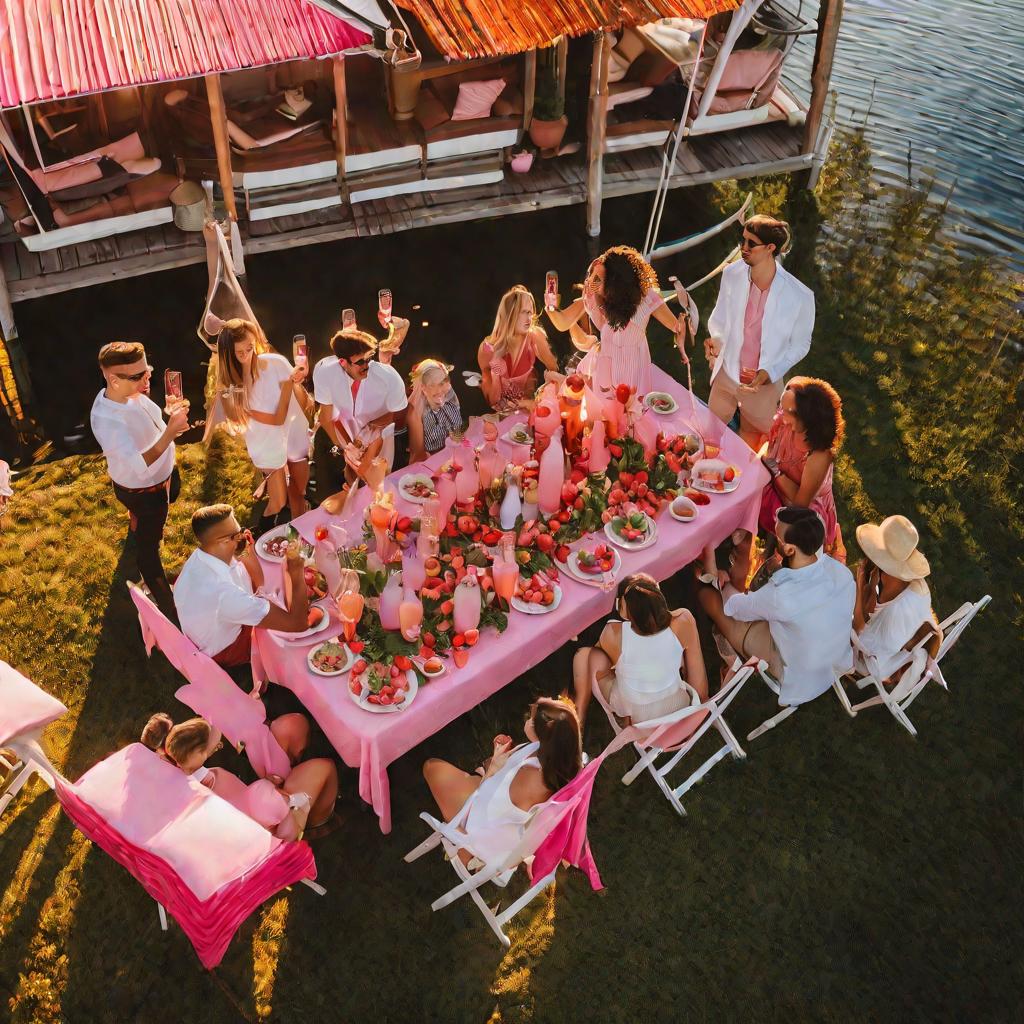 Вид сверху на яркую летнюю вечеринку в золотой час на пристани озера с группами счастливой молодежи, беседующей с бокалами розовых клубничных коктейлей маргарита