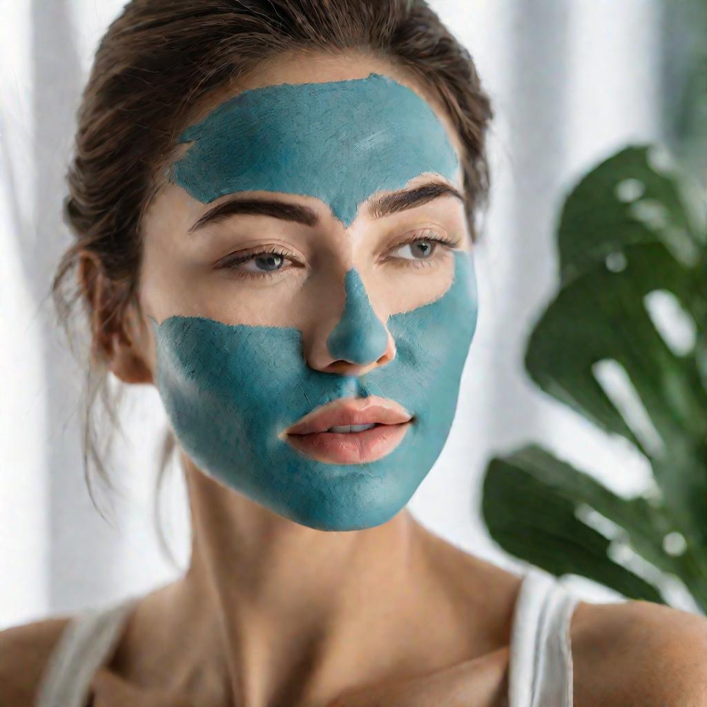 Женщина наносит голубую глину на лицо