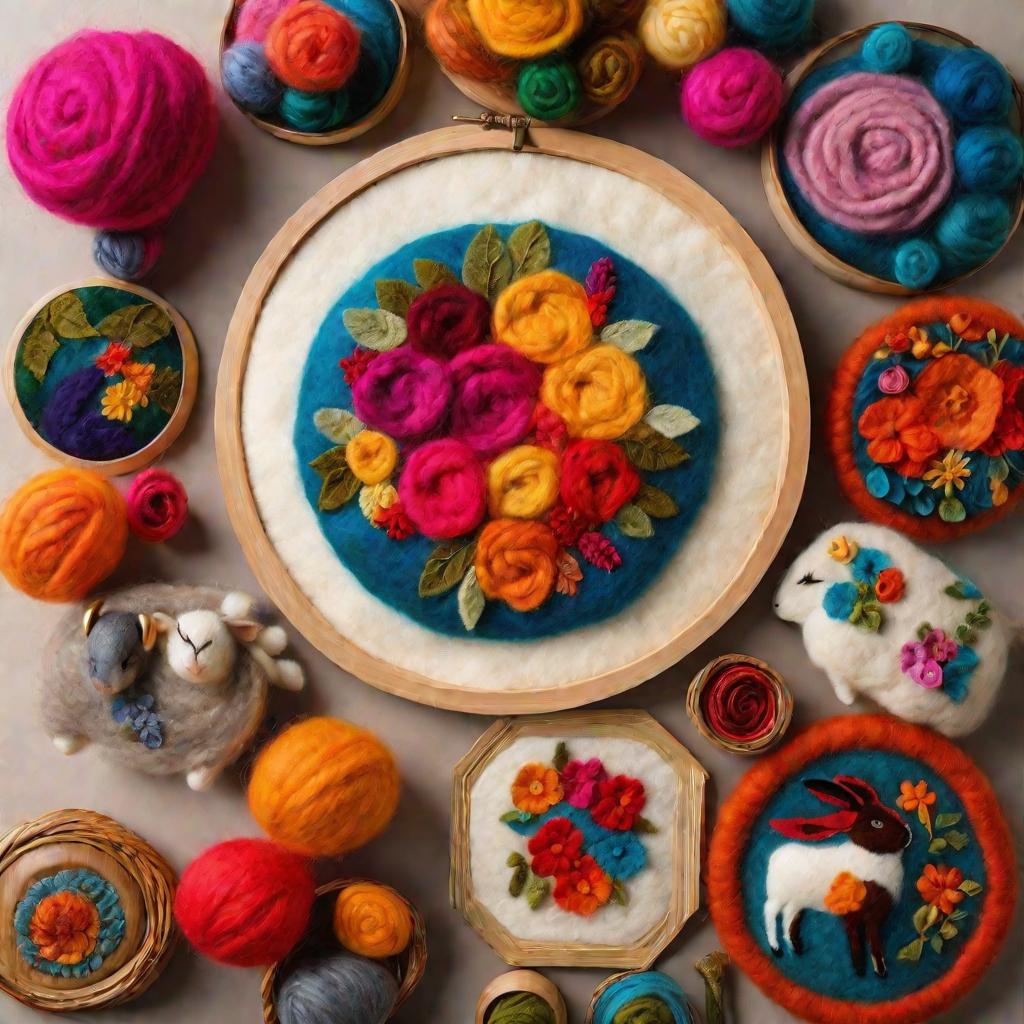 Яркие войлочные поделки на столе: картины, игрушки, цветы