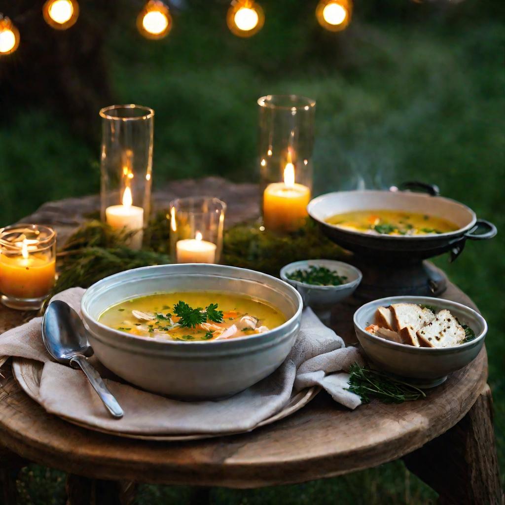 Миска рыбного супа на ужин при свечах на улице в сумерках