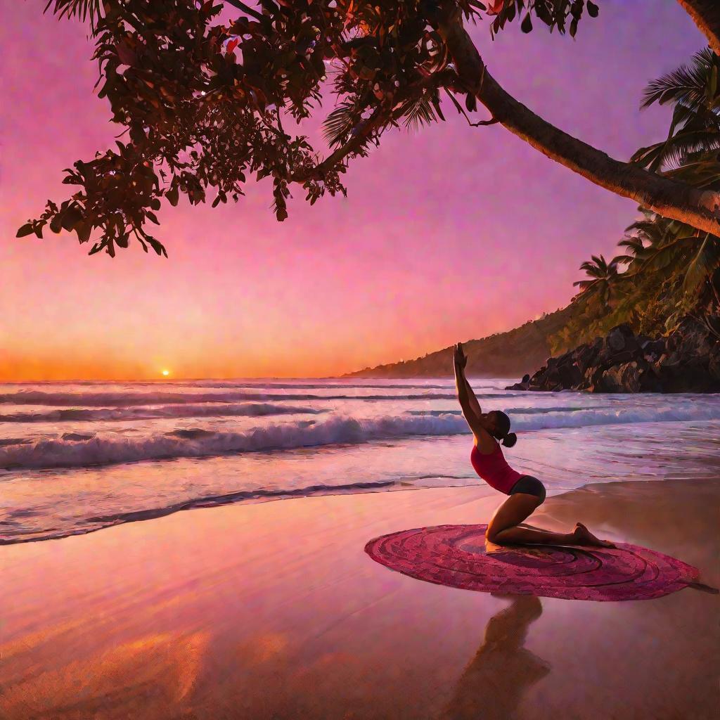 Женщина делает йогу босиком на пляже на рассвете