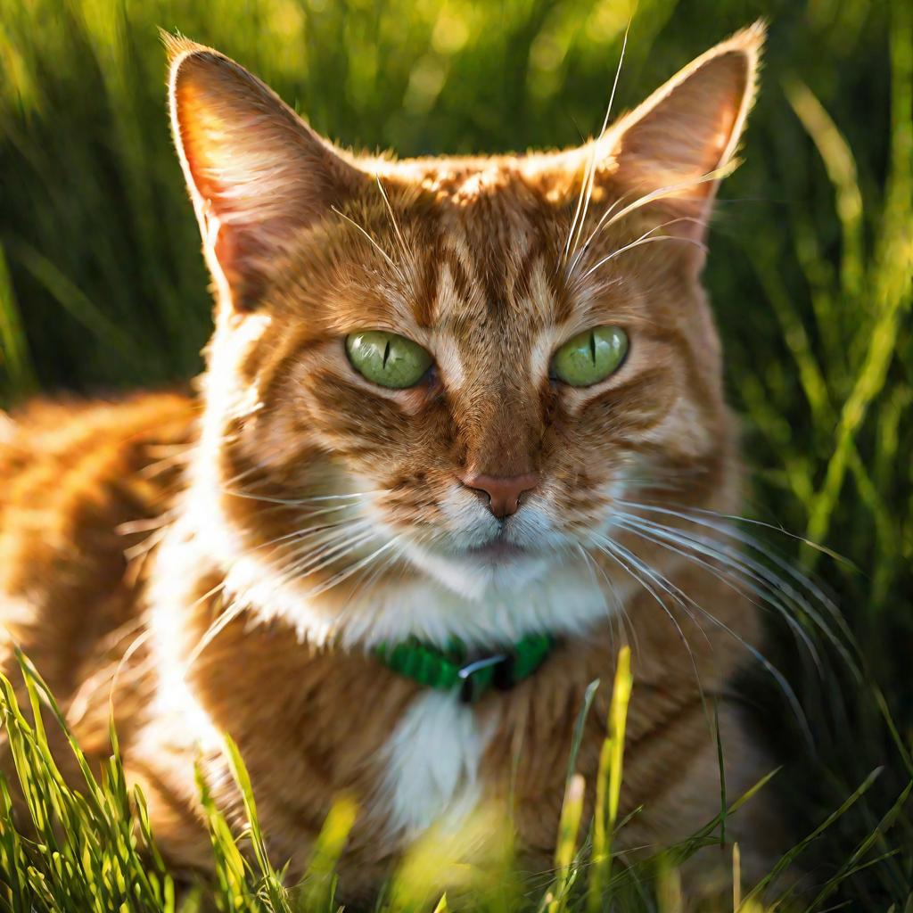 Рыжий кот в ошейнике греется на солнце в траве