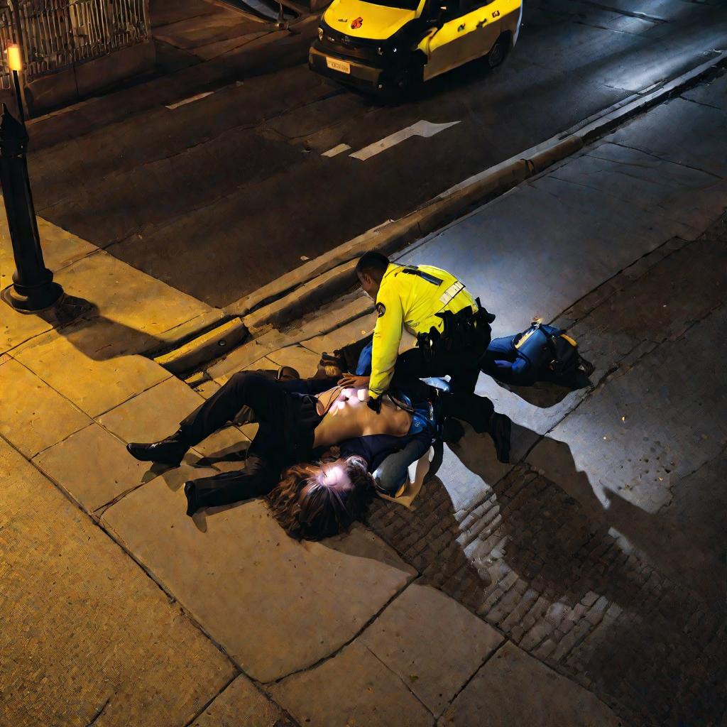 Женщина делает СЛР мужчине на улице ночью.