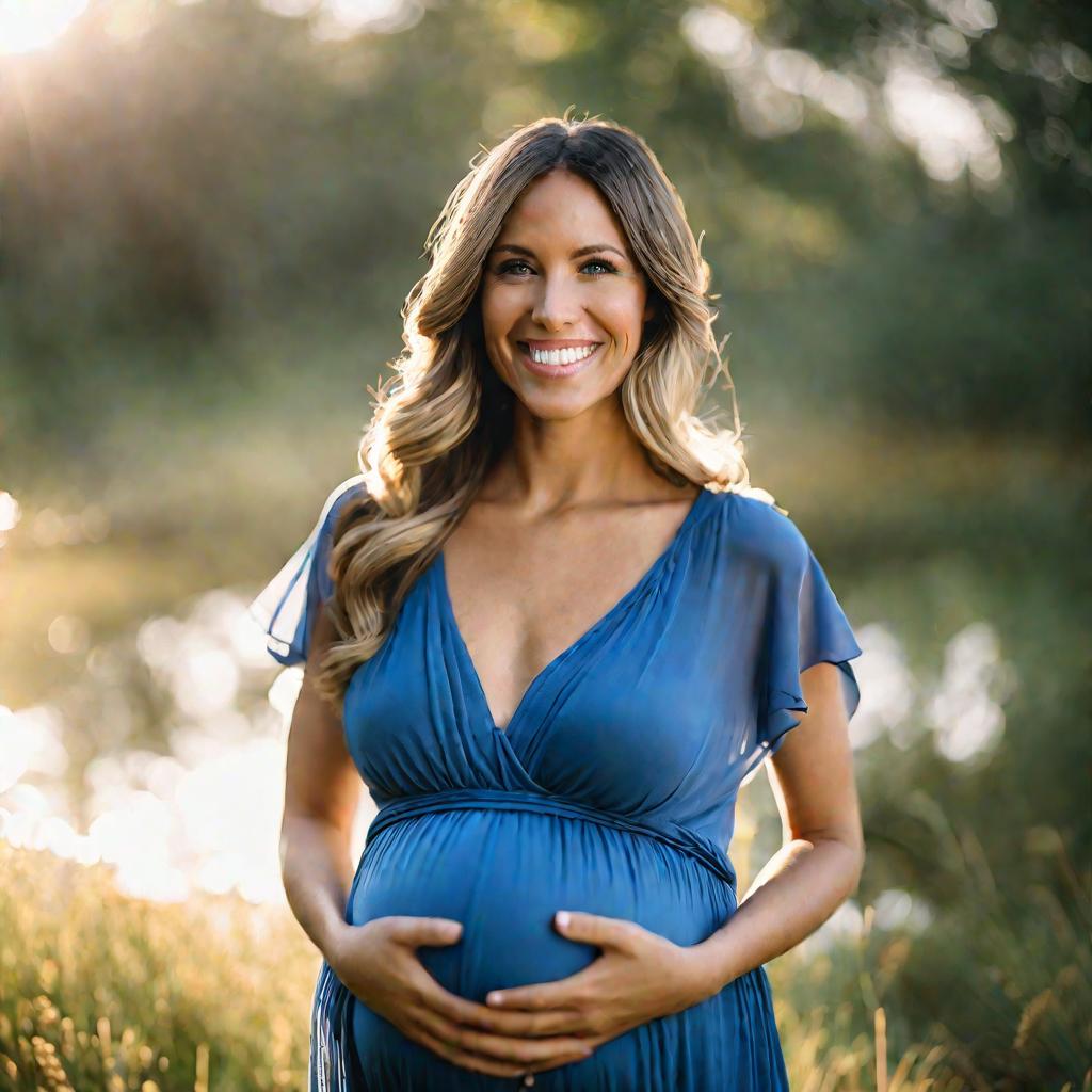 Беременная женщина счастливо улыбается, положив руки на живот