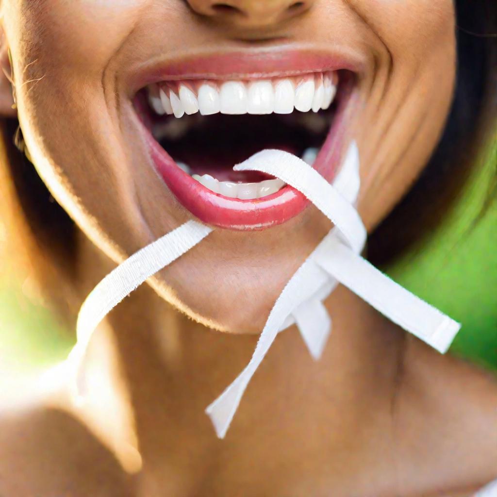 Женщина смеется, показывая зуб с белой повязкой